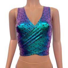 Crop Wrap Top - Mermaid Scales Holographic – Peridot Clothing #mermaid #cosplay #raveclothing #raveoutfit #mermaidcostume #dragon #dragoncostume #holographic Mermaid Crop Top, Crop Wrap Top, Spandex Outfits, Mermaid Cosplay, Mermaid Top, Oc Design, Rave Clothing, Fashion Design Patterns, Corset Style Tops