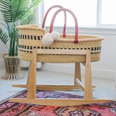 a basket sitting on top of a wooden stand