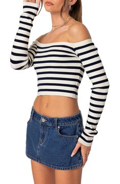 Fun and flirty style is here to stay as this rib top attests with a shoulder-and-midriff-baring silhouette and ample stretch for weekend-ready movement. Off-the-shoulder neck Long sleeves 45% polyester, 45% rayon, 10% spandex Machine wash, dry flat Imported Striped Ribbed Stretch Crop Top, Trendy Ribbed Knit Top For Day Out, Striped Ribbed Cropped Tops, Ribbed Stretch Off-shoulder Top, Ribbed Fitted Tops For Day Out, Casual Ribbed Off-shoulder Top For Fall, Trendy Fitted Striped Knit Top, Stretch Ribbed Off-shoulder Top, Ribbed Crop Knit Top For Fall