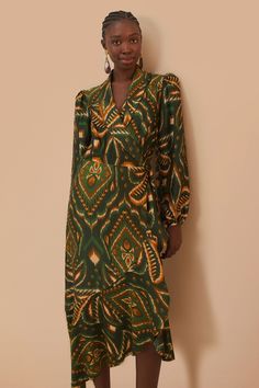 Green Pineapple Ikat Long Sleeve Midi Dress – FARM Rio Green V-neck Dress For Festive Season, Green V-neck Dress For Festive Occasions, Festive Green V-neck Dress, Green Silk Long Sleeve Midi Dress, Green Silk Dress For Fall, Green Silk Dress For Festive Occasions, Green Silk Bohemian Midi Dress, Traditional Green Fall Dresses, Elegant Green Festive Midi Dress