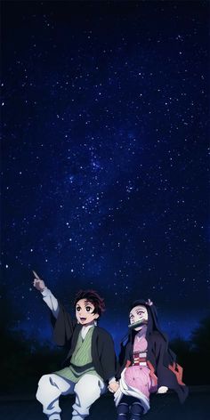 two people sitting on the ground under a night sky with stars in the background and one person pointing at something