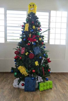 a lego christmas tree in the middle of a room