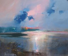 an abstract painting of blue, pink and white clouds in the sky with water below