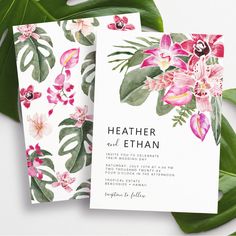 two wedding cards with pink flowers on them and green leaves around the edges are shown