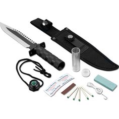 Whether you’re hiking, camping, or exploring, you’ll have everything you need with the 12-inch Fixed Blade Knife with Sheath and Survival Kit by Whetstone. This stainless-steel, double-sided blade has a serrated saw back and a watertight handle that stores the included compass, bandage, matches, fishing line, and hook. Strap this bowie knife to your belt with the durable, low-profile nylon sheath and you’re ready for adventure. Survival Items, Survival Supplies, Survival Quotes, Survival Techniques, Bug Out Bag, Survival Food, Wilderness Survival, Survival Tools, Survival Prepping