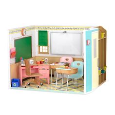 a doll house with desk, chairs and chalkboard on the wall next to it