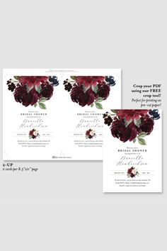 two wedding cards with flowers on them and the same card in red, black and white