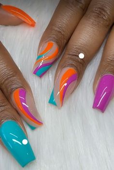 Summer Nail Designs 2024 Square, Hot Nails Trends 2024 Summer, Summer Nails Ideas 2024, Fun Neon Nails, Dip Nail Design, Orange And Purple Nails, Purple And Orange Nails, Nails Medium Almond, Acrylic Nails Stiletto