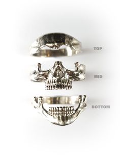 This 3 parts stackable Skull ring is designed for ease and comfort. Unisex, humble and versatile. You can purchase any of the 3 parts or together as a set of 3. It is an ideal ring to add on to your wedding band or other rings to add more characteristic to them. 1) Top - Forehead 2) Mid - Eyes 🔥👍 3) Bottom - Jaw 4) Top + Mid 5) Mid + Bottom 6) Top + Bottom 7) Top + Mid + Bottom Material: Sterling Silver with Antique Finishing 🔥 Popular among buyers. 👍 Recommended by Altejewellers. If you req Sterling Silver Skull Rings, Silver Skull Ring, Dope Jewelry, Funky Jewelry, Ring For Men, Jewelry Outfit, Skull Ring, Girly Jewelry, Dream Jewelry