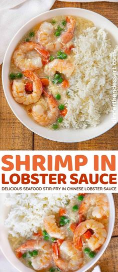 shrimp and rice in a white bowl with the words shrimp in lobster sauce above it