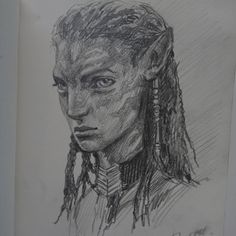 a pencil drawing of a woman with dreadlocks on her head and eyes looking to the side