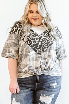 Plus Size Leopard Camo Splicing Twist Knot Half Sleeve T-shirt Fall Patchwork Short Sleeve T-shirt, Casual Short Sleeve Tops With Mixed Print, Fall Patchwork Short Sleeve Tops, Short Sleeve Patchwork T-shirt For Fall, Casual Cotton Tops With Mixed Print, Plus Size Fall, Plus Size Boutique, Clothing Plus Size, Twist Knot