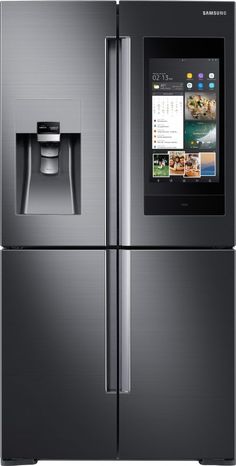 the samsung smart refrigerator is shown with its touch panel on it's side door