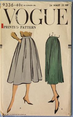 Vogue 9336.  Vintage 1957 pleated skirts pattern.   Size: Waist 24", Hip 33" (Approx current size 8) Pattern is used and complete - very good condition. As described, "View A - Straight, all around box pleated, is finished on a waistband.  View B- All around hand or machine pleated skirt." These are two lovely pleated skirt in different styles.  (A) is box pleats - a very soft style.  (B) is a "micro" pleats - small pleats all around skirt. Pleated Skirt Patterns Sewing, Box Pleat Skirt Pattern, Pleat Skirt Pattern, Pleated Skirt Pattern, Skirts Pattern, Fashion 1940s, Box Pleat Skirt, Pleat Skirt, Vogue Pattern