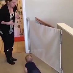 four different pictures of a child's room with stairs and dog sitting on the floor