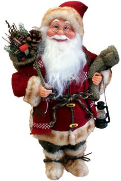 a santa clause figurine holding a teddy bear and a christmas tree ornament