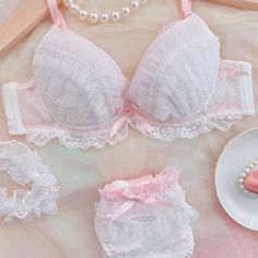 Sweet Girly Kawaii Princess Lolita Lingerie Set Shabby Chic Style Kawaii Princess, Cute Lingerie, Lace Decor, La Girl, Shabby Chic Style, Pink Ribbon, Lingerie Set, Size Clothing, White Lace