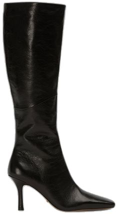 Luxury Black Mid-calf Boots, Luxury Fitted Square Toe Knee-high Boots, Luxury Fitted Knee-high Boots With Square Toe, Fitted Calf Leather Knee-high Boots For Night Out, Chic Mid-calf Heeled Boots For Party, Chic Tall Heeled Boots For Evening, Chic Knee-length Evening Heeled Boots, Chic Knee-length Heeled Boots For Evening, Fitted Calf Leather Knee-high Boots With Square Toe