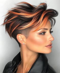 Undercut Pixie with Fall Hair  for an Edgy Look ⚡ Funky Hair Colours For Short Hair, Pixie Colored Hair Ideas, Redhead Hair Color, Fall Hair Colors Copper, The Undercut, Shaved Hair Cuts, Shaved Hair Designs