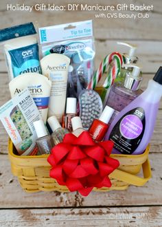 a basket filled with lots of different types of cosmetics and personal care products on top of a wooden table