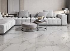 a modern living room with white marble floors