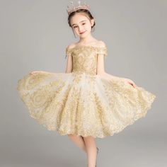 This Golden Sequin Embroidered Tulle Princess Flower Girl Dress is yet another elegant party dress that is perfect for your flower girls and little bride's dress set! It can be worn for a princess-themed birthday too! Capture your little girl's sweetest smile with this beautiful party dress on! Features: Choose from 4 different styles. Off-shoulder sleeve style formal gown. Detailed elegant embroidery pattern design Zipper lock style at the back. Classic high-quality fashion tailoring. Layering Long Back Dress, Girl Wedding Dress, Kids Pageant, Beautiful Party Dresses, Long Flower Girl Dresses, Princess Flower Girl Dresses, Princess Flower, Short Dress Styles, Princess Gown