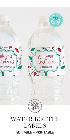 two water bottles with labels on them