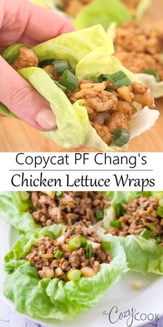 lettuce wraps filled with chicken, lettuce and other ingredients are being held up