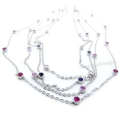 Ready 10 Station Moissanite Ruby Pink or Blue Sapphire Necklace / 1 Carat Diamond By the Yard Necklace / Birthstone Bezel Set Necklace /Gift This Gorgeous Necklace will be created with your choice of birthstone or favorite gems. Can be worn alone, match or Get the Look with a stack! Customize gems to create your own unique look. The ultimate accessory for any Big Day or everyday wear!! Makes the perfect gift for that special someone in your life. Sure to be treasured for a lifetime! Looking for Sterling Silver Round Necklaces With Stones, Silver Gemstones With Bezel Setting For Anniversary, Silver Gemstone With Bezel Setting For Formal Occasions, Custom Round Gemstone Necklace In Sterling Silver, Fine Jewelry Silver Gemstones With Bezel Setting, Silver Gemstone Birthstone Necklace For Formal Occasions, Silver Necklace With Stones In Fine Jewelry Style, Silver Necklaces With Stones In Fine Jewelry Style, Silver Necklaces With Stones - Fine Jewelry