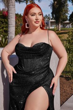 This sultry bodice corset dress offers both glamour and style This shimmering design features a corset back with an adjustable fit to accentuate curves and a draped neckline for an elegant finish. Plus Prom Dresses, Prom Trends, Special Ocassion Dresses, Glitter Prom Dress, Fitted Gowns, Cinderella Divine, Plus Size Gowns, Plus Size Prom, Draped Neckline