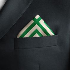 Meet my green silk pocket square, a striped, geometric neckerchief. This classic men's handkerchief is perfect for weddings and any occasion that you wear your suit jacket. Wonderful for grooms and groomsmen gifts, Sunday best, special occasions, photography sessions, and ring bearers. Not just for special occasions, you can wear it around your neck as a bandana or ascot. A great gift for anniversaries, Father's Day, weddings, or formal occasions. Easy to wear, fold, and tie, and feels great around your neck. Comes in a kraft board gift box- ready for giving. Finished with a rolled baby hem.  The print is permanent and will never fade with use or washing. 16" x 16" square Made To Order The pattern design is created here in my studio, and printed and sewn in Montreal by my amazing printer, Green Pocket Square For Formal Occasions, Classic Green Pocket Square For Business, Green Formal Pocket Square Handkerchief, Formal Green Pocket Square Handkerchief, Green Silk Scarf For Formal Occasions, Formal Green Silk Scarf, Grooms And Groomsmen, Pocket Square Size, Handkerchief Men