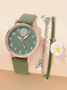 Collar    Watch Set Embellished   Women's Watches Cute Digital Watches For Women, Cute Watches For Teens, Green Watches Women, Girls Watches Fashion, Romantic Bracelet, Wrist Watches For Women, Ladies Bracelet Watch