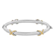 "Adorned with ropelike 14k gold ""X"" details, this sterling silver bangle is a simple, yet stylish addition to your attire.BRACELET DETAILS Length: 7.5 in. Clasp: hinged Metal: sterling silver Plating: 14k gold, rhodium Packaging: boxed Size: One Size. Color: White. Gender: female. Age Group: adult." Two Tone Jewelry, Sterling Silver Bangle, Bridesmaid Jewelry Sets, Jewelry Outfit, Sterling Silver Bangles, Silver Bangle, Bangles Jewelry, Silver Bangles, Bangle Bracelet