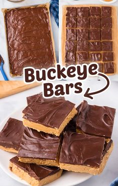 there is a white plate with chocolate bars on it and the words buckeye bars above it