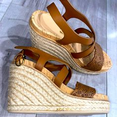 Salvatore Ferragamo Wedges. Super Cute On. Brand New With Tags. Never Worn Brown Ankle Strap Wedge Sandals With Woven Sole, Brown Wedge Sandals With Ankle Strap And Woven Sole, Leather Wedge Sandals With Ankle Strap For Vacation, Leather Summer Wedge Sandals With Heel Strap, Brown High Heel Sandals With Woven Sole, High Heel Sandals With Cork-bed Midsoles For Vacation, Summer Leather Heels With Heel Strap, Brown Wedge Sandals With Cork-bed Midsoles For Vacation, Brown Heels With Woven Sole For Vacation