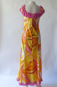 Pink Baby Ruffle Yellow Swirl Hawaiian Dress - Muumuu Outlet Baby Ruffle Dress, Polynesian Clothing, Ori Tahiti, Tiki Oasis, Pink A Line Dress, Hawaiian Muumuu, Vintage Hawaiian Dress, Muumuu Dress, Special Dress