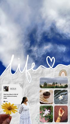 a person holding a flower in front of a sky with clouds and the word life written on it