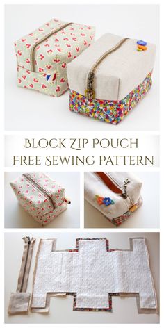 several different types of purses are shown with the words block zip pouch free sewing pattern