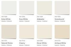 the different shades of white paint for interior and exterior walls, with names on each side