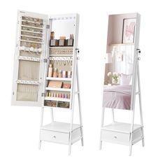 two white shelves with mirrors and drawers in front of each other, one is open