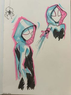 a drawing of two spider - man characters, one holding a knife