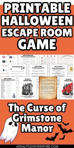 printable halloween escape room game for the curse of grimton manor, with instructions