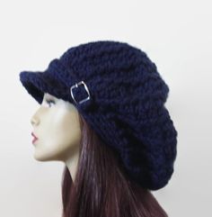 This is made to order. It is oversized and can tuck lots of hair. It is crocheted with chunky acrylic dark blue yarn. A buckle and strap are added. I make this hat in other colors so let me know if you want a different color. Hand wash is recommended. Knit Hat With Brim, Rasta Hat, Navy Blue Crochet, Crochet Newsboy Hat, Crochet Dreadlocks, Oversized Hat, Crochet Bandana, Newsboy Hat, Cap Patterns