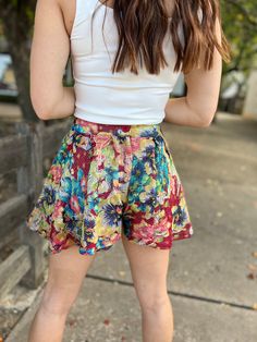 We are obsessing over these flare shorts. Featuring a gorgeous print with metallic shine, you'll be obsessed too!Runs true to size. Multicolor Floral Print Short Bottoms, Multicolor Floral Print High-waisted Shorts, Multicolor Floral Print Shorts, Trendy Multicolor Floral Print Shorts, Trendy High-waisted Floral Print Shorts, Love And Respect, Give It To Me, Running, Beauty