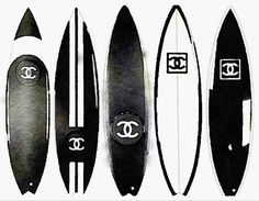 five surfboards lined up next to each other in black and white ink on paper