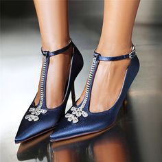 Shop Navy Rhinestone T Strap Heel Pointed Toe Stiletto Heel Pumps Wedding Shoes color Navy for Anniversary, Formal Event, Going out with worldwide Free shipping & Free return. Crystal Ankle Strap Heels For Wedding, Wedding Crystal Heels With Ankle Strap, Embellished Ankle Strap Wedding Shoes For Banquet, Wedding Shoes With Rhinestones For Banquet, Embellished Wedding Shoes With Ankle Strap For Banquet, Wedding Shoes With Rhinestones And Ankle Strap, Fitted Wedding Shoes With Rhinestones For Banquet, Rhinestone Wedding Shoes For Banquets, Elegant High Heel Crystal Wedding Shoes