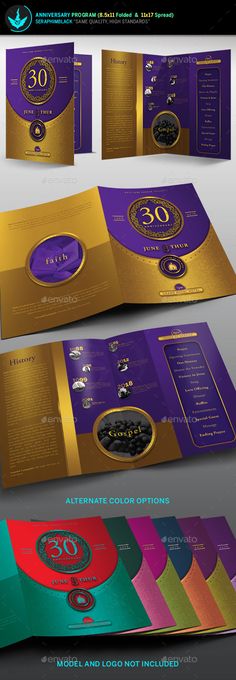 an open brochure with gold and purple colors