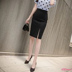 Qteee - Professional High-Waisted Work Skirt in Black - Split Hem Pencil Skirt for Women High Waist Mini Skirt For Office, Non-stretch Lined Office Skirt, Office Lady High Waist Lined Mini Skirt, High Waist Lined Mini Skirt For Office, Stretch Mini Skirt For Office Wear, Stretch Office Skirt For Office Wear, High Waist Lined Skirt For Office, Casual Pencil Skirt For Office, High Waist Stretch Skirt For Office