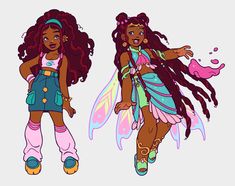 two cartoon girls with long hair and colorful clothes, one is wearing a fairy costume