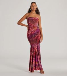 Shine bright and serve a gorgeous aura in this strapless floral tie-dye maxi dress perfect for summertime soirees! The strapless neckline and lace-up back design exude effortless elegance, while the form-hugging fit accentuates your curves. The ruffled maxi-length hem adds a playful touch to this stunning dress. Complete the look with a ring set and sandals.Fit & FeaturesFloral tie-dye print, smooth knit fabric, moderate stretchStrapless necklineLace-up back designForm-hugging fitRuffled max Feminine Strapless Floral Print Maxi Dress, Luxury Multicolor Strapless Maxi Dress, Strapless Pink Floral Print Maxi Dress, Multicolor Printed Off-shoulder Maxi Dress, Multicolor Off-shoulder Floral Maxi Dress, Tie Dye Maxi, Windsor Dresses, Tie Dye Maxi Dresses, Mauve Dress